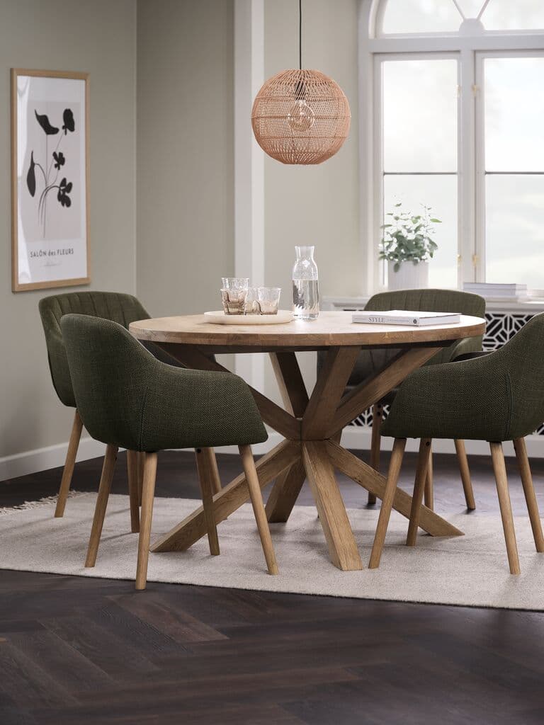 GRIBSKOV Ø120 mesa carvalho + 4 ADSLEV cadeiras verde