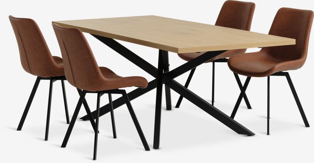 NORTOFT C200 mesa carvalho + 4 HYGUM cadeira conhaque/preto