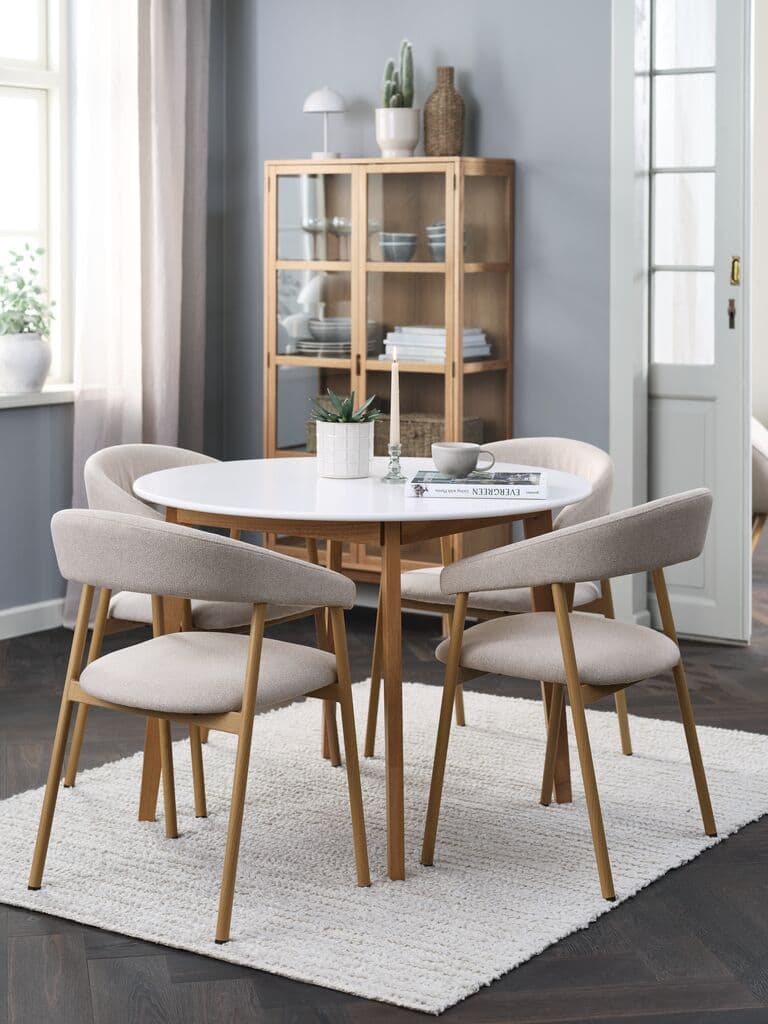 JEGIND Ø105 mesa branco + 4 EJSING cadeiras bege/carvalho