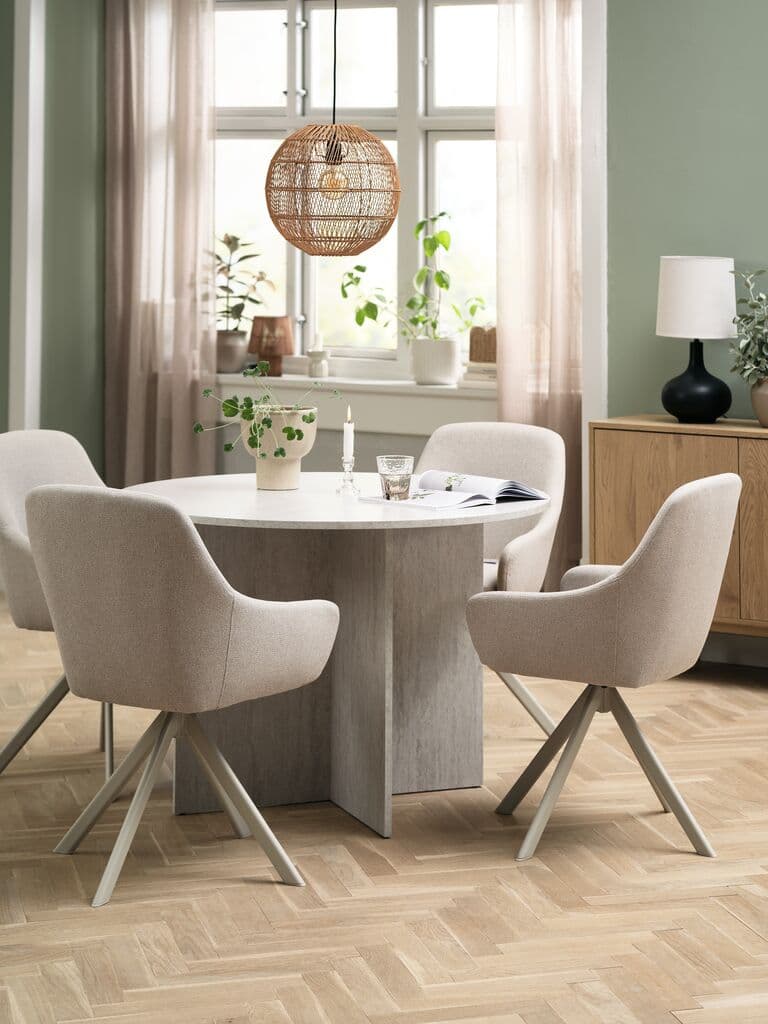 KRONDAL Ø110 mesa travertino + 4 ROSTRUP cadeiras bege