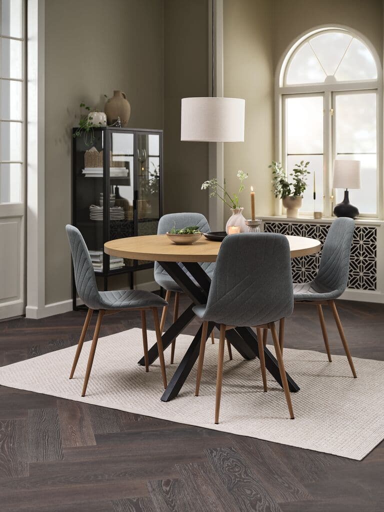 NORTOFT Ø120 mesa carvalho + 4 JONSTRUP cadeiras azul claro