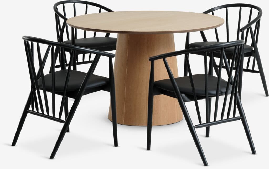 KLIPLEV Ø120 mesa carvalho + 4 ARNBORG cadeiras preto