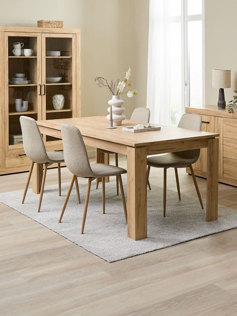 LINTRUP C190/280 mesa carvalho + 4 BISTRUP cadeiras areia