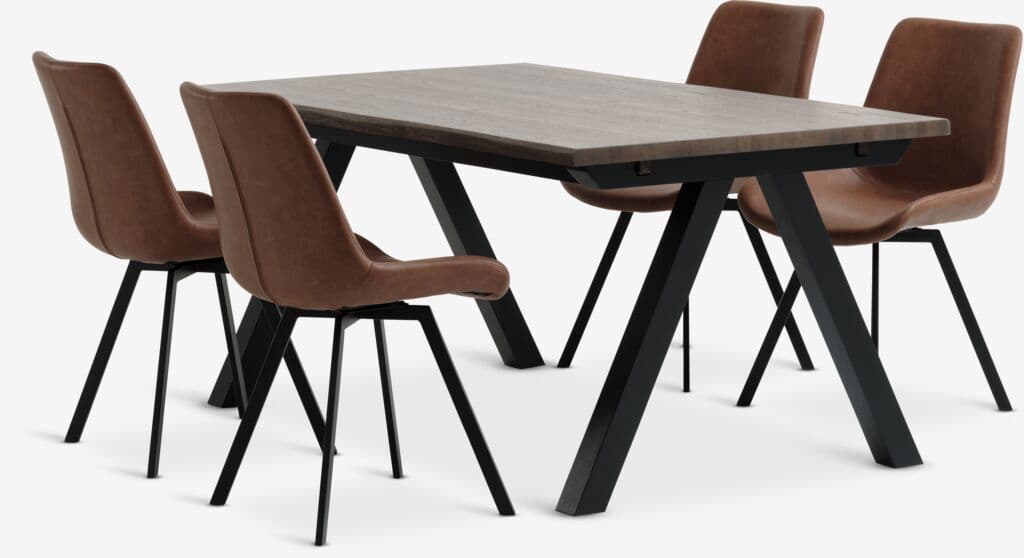 SANDBY C160 mesa carvalho escuro + 4 HYGUM cadeiras conhaque