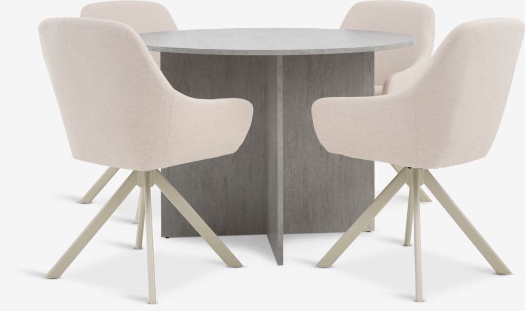 KRONDAL Ø110 mesa travertino + 4 ROSTRUP cadeiras bege