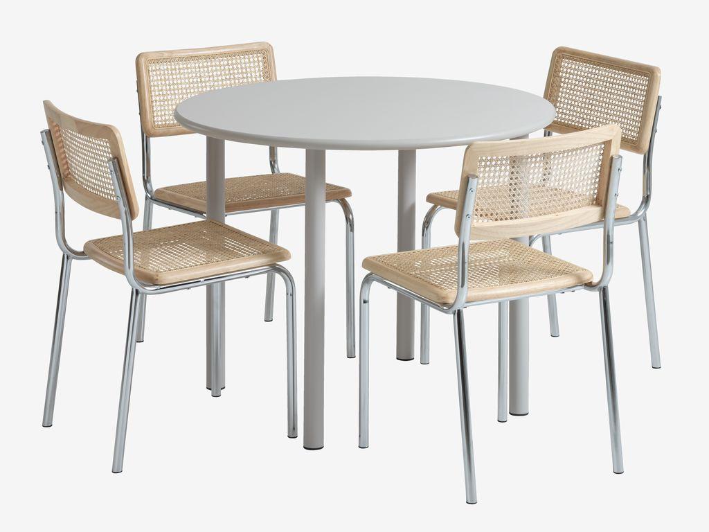 HANSTED Ø100 mesa cinzento quente + 4 HASSING cadeira rattan