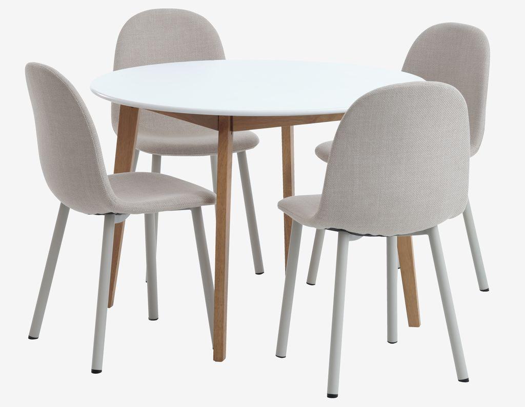 JEGIND Ø105 mesa branco + 4 EJSTRUP cadeiras bege