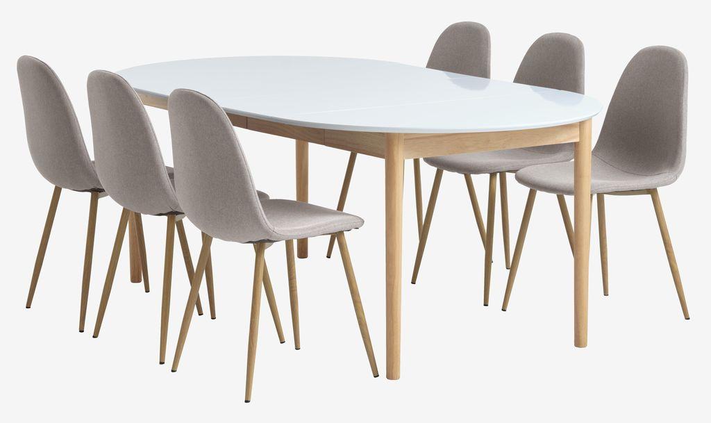 MARSTRAND Ø110 mesa branco + TINGLEV cadeiras cinz/carvalho