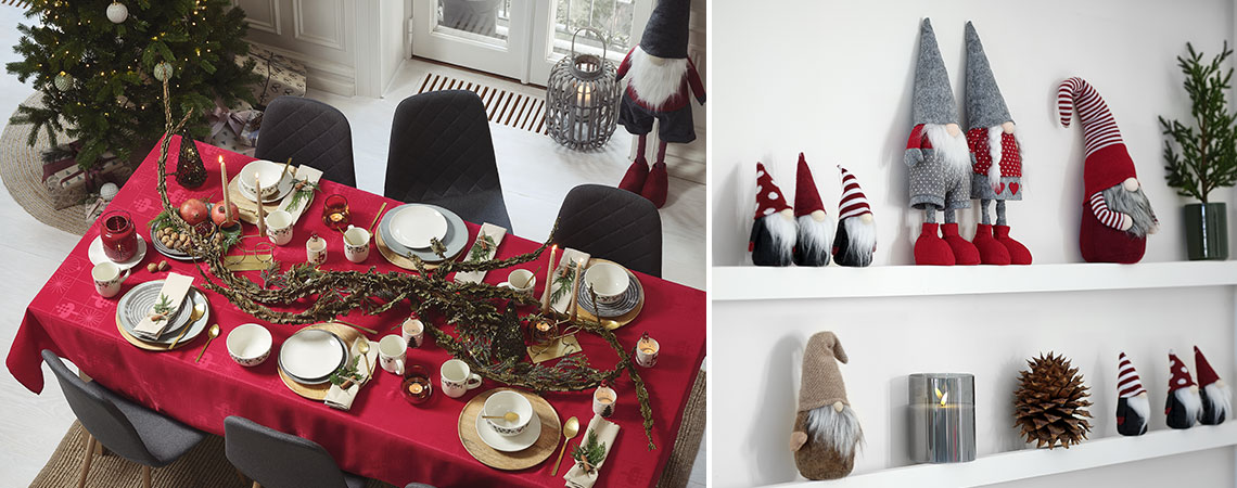 Mesa de Natal e decoração com elfos e árvore de Natal
