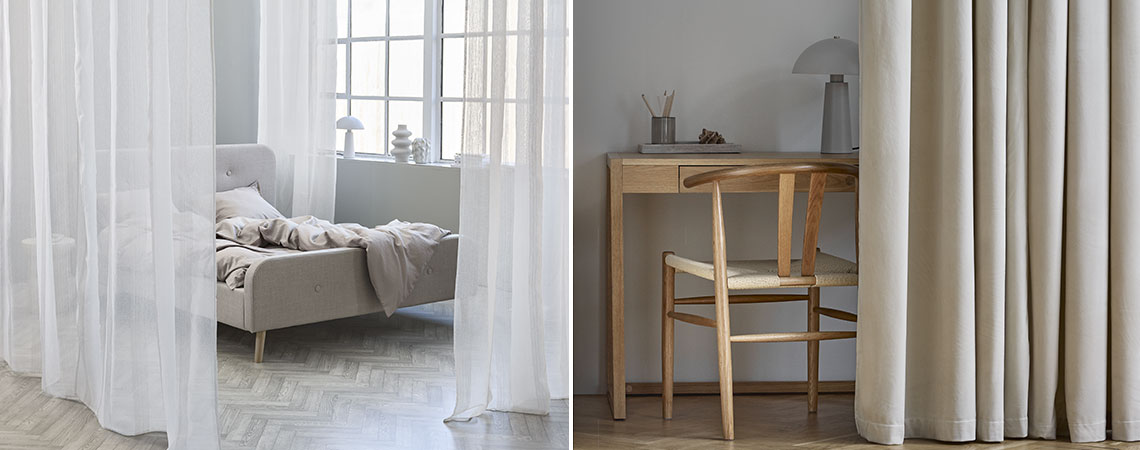 Dois exemplos de como pode utilizar cortinas divisórias: Para um quarto e para um escritório em casa 