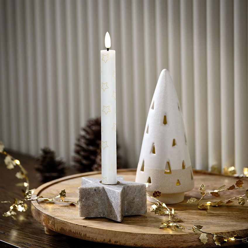 Suporte de vela em forma de estrela em mármore, vela de Natal LED com estrelas e árvore de Natal iluminada por LED