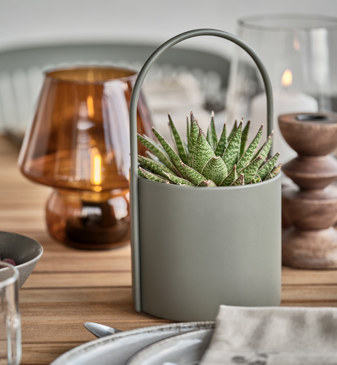vaso, planta, candeeiro e suporte para vela, em cima de uma mesa de refeição