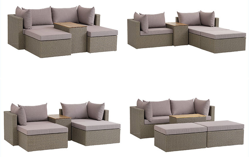 Ideias para combinações de módulos de sofás num pequeno pátio